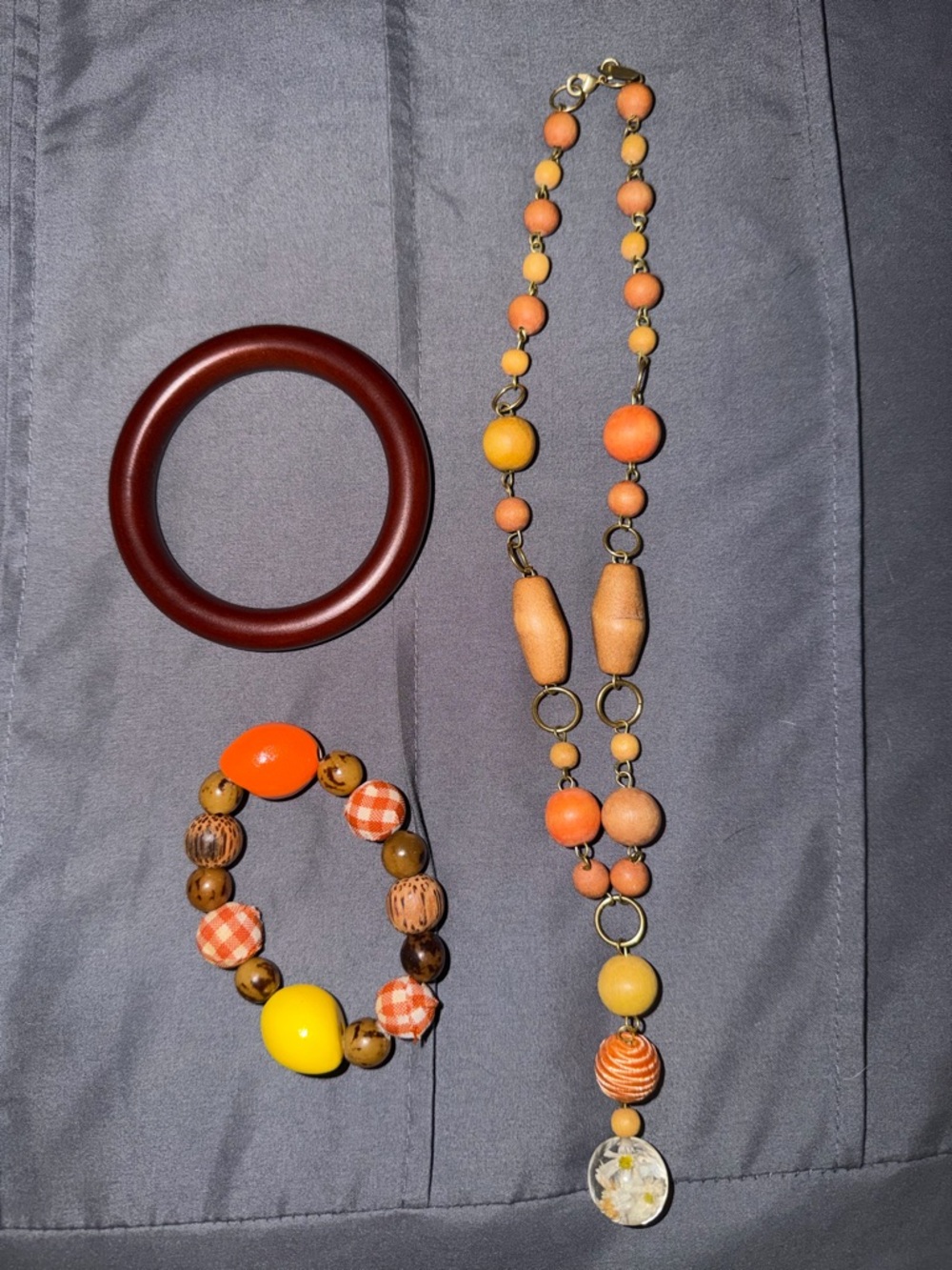 Colorful Beaded, Wooden Necklace, Bracelet & Bangle Set -Orange & Yellow & Brown